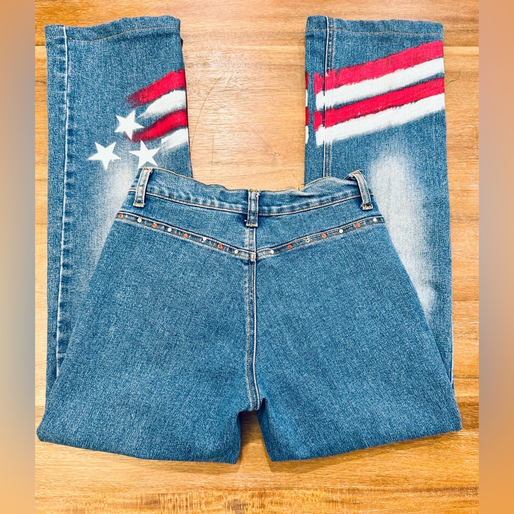 Vintage Early 2000s Cool Wear Blue flare jeans with American flag print size 1 - Picture 2 of 11